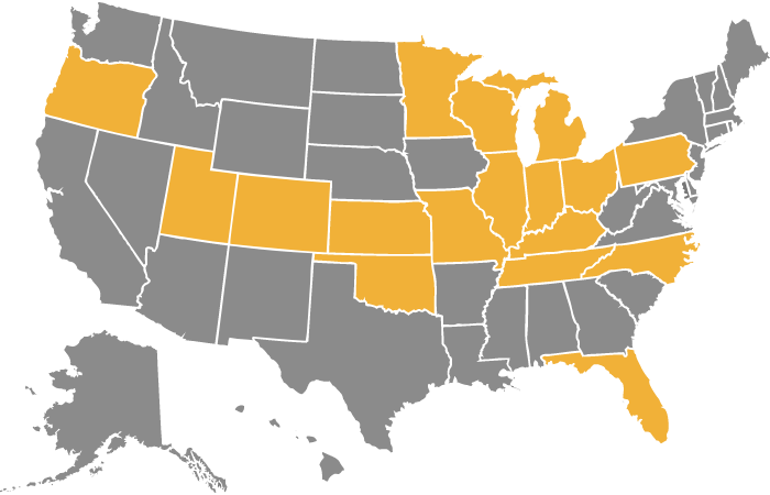 US Map showing yellow highligted states that Golden Oak Lending is licensed in