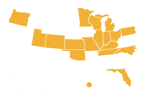 United States Map depicting Golden Oak's locations